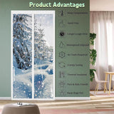 Load image into Gallery viewer, Window with snowy landscape view and product advantages listed on a green panel.
